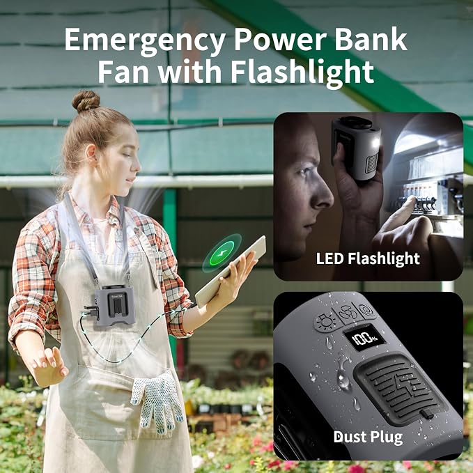 Socool 14500mAh Portable Waist Fan with 360 Rotation, Rechargeable Mini Personal Clip On Belt Shirt Fan 67Hrs Cooling Wearable Hanging Neck Fans with 5 Speeds & LED Light For Outdoor Working Jobsite