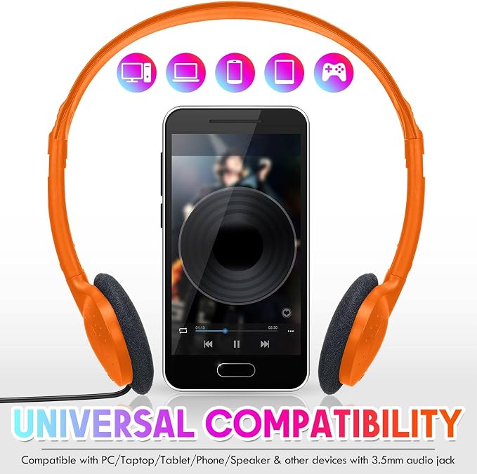 Frienda 48 Pack Classroom Headphones Bulk, Wired School Headsets for Students, Stereo Headphones with 3.5 mm Plug for Classroom, Online Learning, Library(Classic,Blue, Orange, Pink, Yellow)