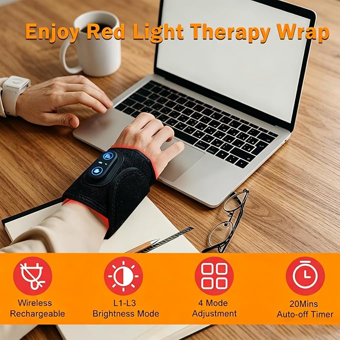 Therawrap for Carpal Tunnel, Red Light Kovarias Therapy Wrist Wrap with Heat, 660nm & 850nm Dual Wavelength, 3 Adjustable Heat Levels, 48 LEDs, USB Rechargeable, Machine Washable for Daily Relaxation