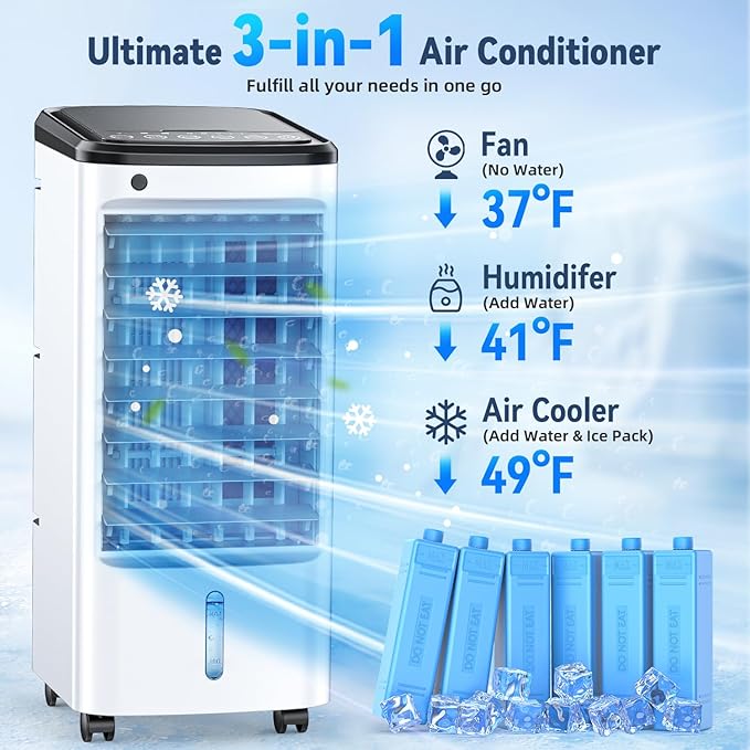 FANCOLE Windowless Portable Air Conditioners with 6 Ice Packs, 12H Smart Timer for Auto-off, 26Ft Remote, Top Fill Dual Tank, 3Speeds Evaporative Air Cooler, 70°Auto Swing Swamp Cooler Air Conditioner