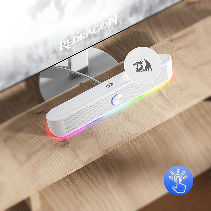 Redragon GS560 RGB Desktop Soundbar, 2.0 Channel Computer Speaker with Dynamic Lighting Bar Audio-Light Sync/Display, Touch-Control Backlit with Volume Knob, USB Powered w/ 3.5mm Cable, White