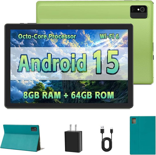 Tablet 10 Inch – Android 15 Tablets for Adults – GMS Certified Tablet Computer with HD IPS Display, Octa-Core, 8GB RAM 64GB ROM Expandable to 1TB, Wi-Fi 6, Dual Camera, 5000mAh – Green