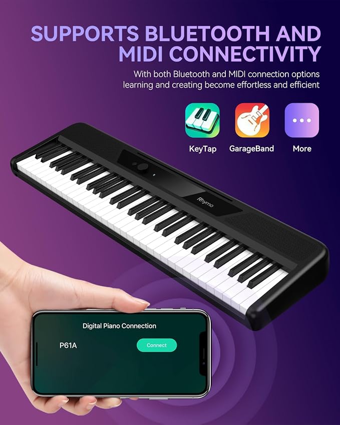 Rhymo 61-Key Velocity-Sensitive Lighted Piano Keyboard, 10W Dual Speakers, Dynamic Touch Sensitive Keys, Bluetooth & App-Enabled for Beginner Adults Kids