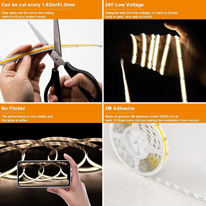 PAUTIX COB LED Strip Light 4000K,32.8ft/10m Dimmable DC24V Natural White LED Strip Lights,CRI93+ Super Bright High Lumen Tape Lights Kit,Work with Alexa/Google Assistant for Home&Office DIY Lighting
