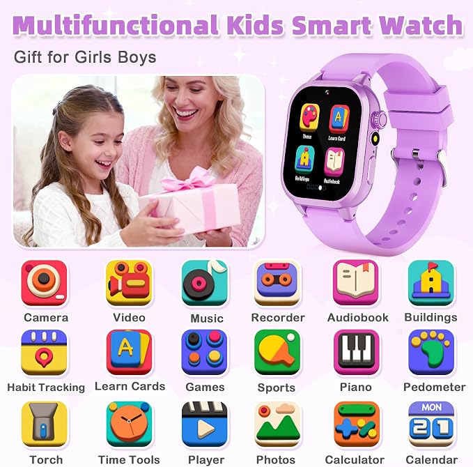 Smart Watch for Kids Girls Gifts for Aged 4-12, 40 Games HD TouchScreen Kids Watch with Video Camera Music Pedometer Audiostory Learn Card 2 Extra Bands Birthday Gift for 6 7 8 9 Year Olds（Purple）