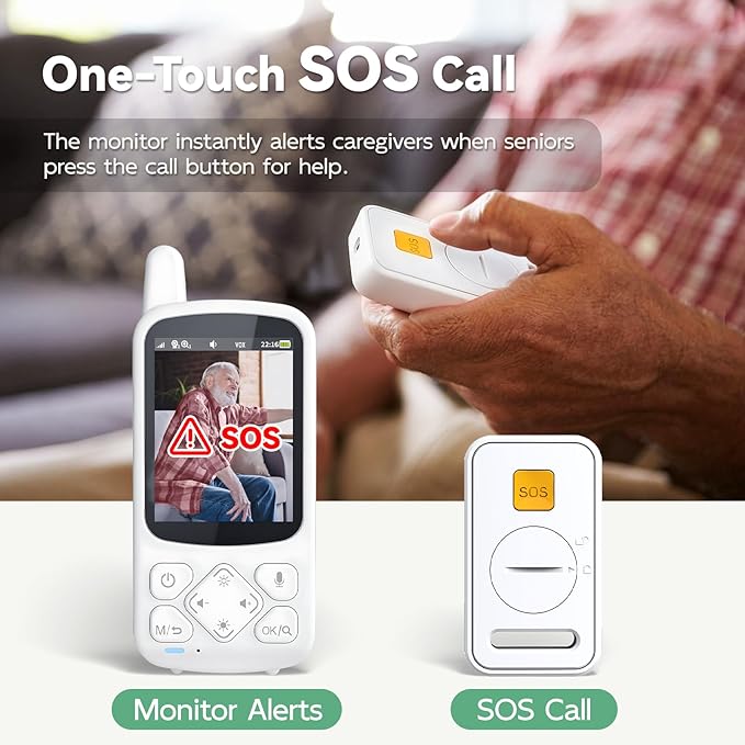 Elderly Monitor with Camera and Audio, 2-Way Talk Room Monitors for Elderly, Call Button, Med Reminder, Temp Monitoring, Night Vision, Pan-Tilt-Zoom Video Monitor for Elderly Care & Caregivers/No WiFi