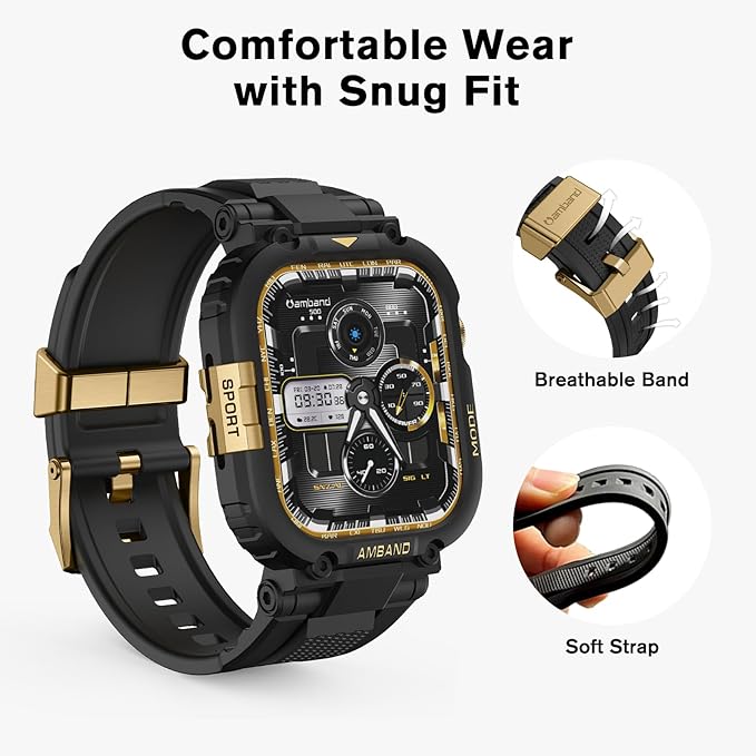amBand Compatible with Apple Watch Series 11/10 46mm Bands Case for Men, M1 Sport Rugged Heavy Duty Cover Tactical Strap Military Protector Bumper for iWatch Workout Accessories 46 mm - Black Gold