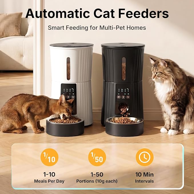 NEWBULIG 4L Automatic Cat Feeder with APP Control, 2.4G WiFi Timed Pet Feeders for Dry Food, 10 Meals/Day, 50 Portions/Meal, Dog Food Dispenser with 10s Voice Recorder, Dual Power Supply, White