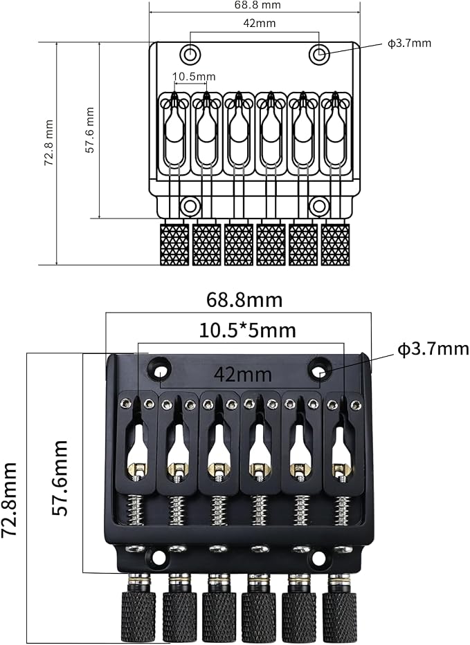 Headless Electric guitar Bridge with Brass Saddles Fixed Bridge for 6 String Headless Electric Guitar Replacement Parts （Matte Black）