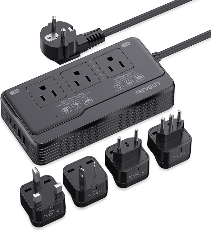 2000W Voltage Converter US to Europe for Hair Dryers, 7-in-1 220V to 110V Converter for European Travel with 3 AC/2 USBA/2 USBC Ports, Power Converter Adapter Combo with Type C/G/I/L Plugs (Black)