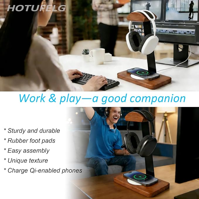 Solid Wooden Headphone Holder with Fast Wireless Charging Pad, Universal Headset Stand for Gaming Desk, Headphone Rack Compatible with Airpods Max,Bose,Razer,AKG Equipment Accessories for Walnut Desk