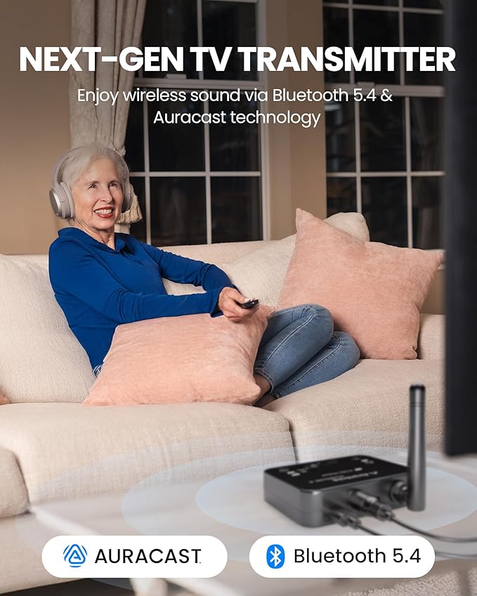 Avantree Audikast 4 - Auracast & Bluetooth TV Transmitter for Headphones & Selected Hearing Aids, aptX Adaptive & HD, Optical & AUX Output, Future-Ready & Upgradeable