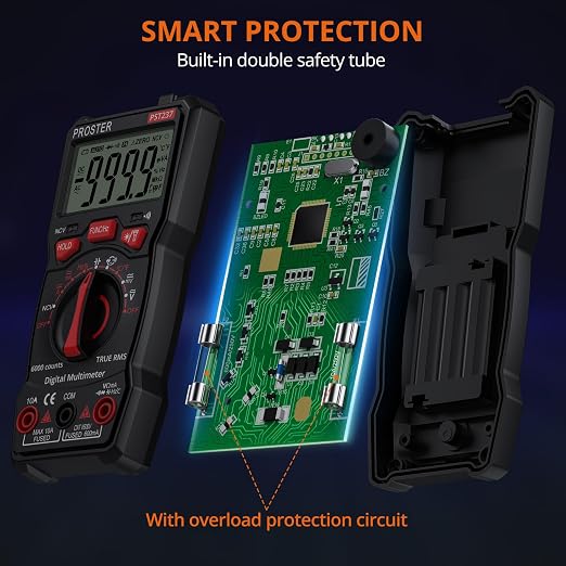 Proster Digital Multimeter 6000 Counts- TRMS Auto Range Multi Testers, NCV Detector DC AC Voltage Current Meter Voltmeters Temperature Capacitance Resistance Diode Continuity Tester