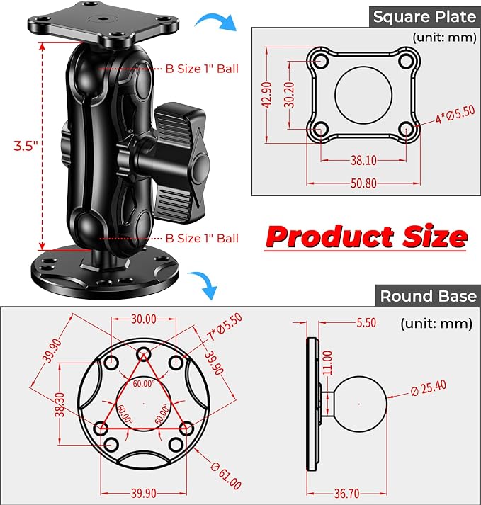 VAZESWIN Aluminum Alloy 1" Ball Fish Finder Mount with Industry Standard AMPS 4-Hole Square Plate & Round Base, 3.5" Medium Arm Marine Electronic Mount Fit for Garmin GPS Lowrance Simrad RAM Mounts