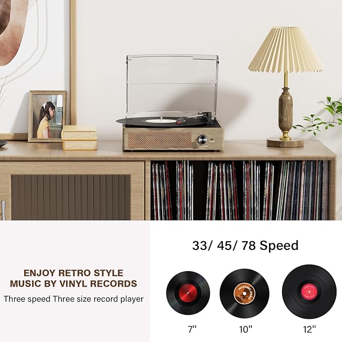 Bluetooth Vinyl Record Player,3-Speed Turntable with Stereo Speakers Vintage Phonograph Record Player, with RCA Line Out AUX in Headphone Jack Grey Wood