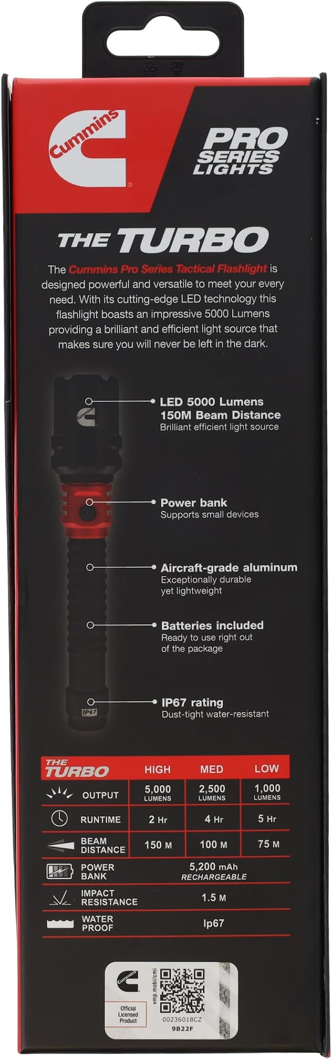Cummins CMN35359 Pro Series 60W COB Rechargeable Flashlight High Lumen 5000 Lumen LED Multiple Light Modes Plus Power Bank