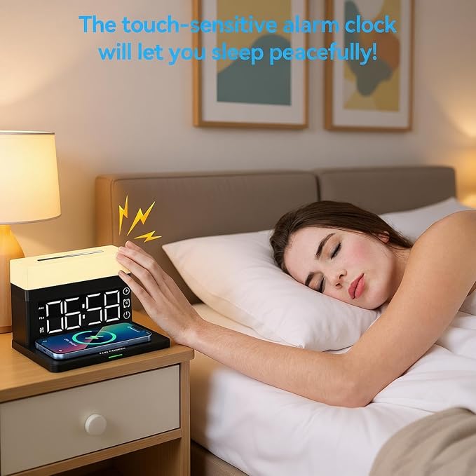 AYI Multifunctional Wireless Charging Station with Alarm Clock, 15W Fast Charger for Phones Watches Earbuds Qi-Certified, Stand with 7 RGB Night Light Modes - N65 Black.
