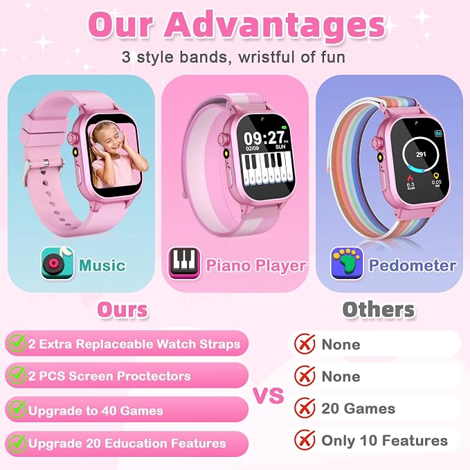 Kids Smart Watch Girls Gift for Girl Aged 5-12, 40 Games HD TouchScreen Kids Watch with Video Camera Music Pedometer Audiostory Learn Card Toys Birthday Gifts for Girls Ages 5 6 7 8 9 10(Pink)