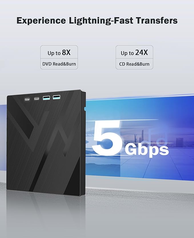 Wbacon 7 in 1 External CD/DVD Drive for Laptop, Portable DVD Player for Laptop with SD/TF Port, External DVD Drive with USB 3.0/Type C, CD Drive USB for PC Windows Linux