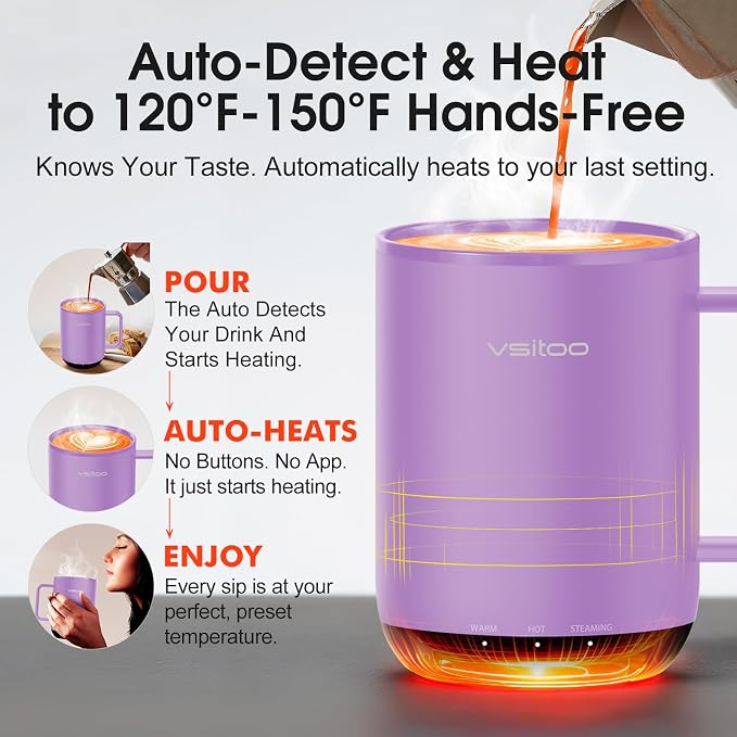 VSITOO S3 Plus 14oz Self Heating Coffee Mug with Auto-Sensing AI - Smart Rechargeable Heated Mug, Temperature Control 120-150℉, IPX7 Waterproof, Coffee Warmer Gift for Women Men-Purple
