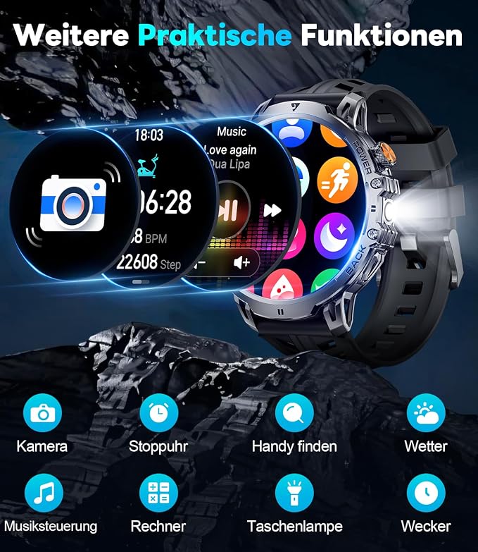 LIGE Military Smart Watches for Men(3 Bands),1000mAh/1.85" HD Large Screen Smartwatch, Flashlight/110+ Sports Modes/IP68 Waterproof/Sleep Monitor, Fitness Tracker Watch for Android iOS,Jet Black