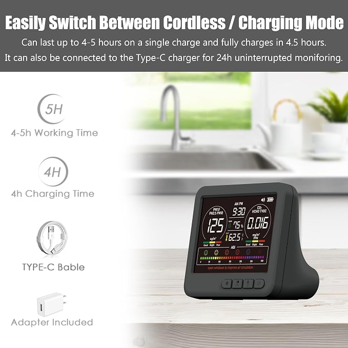 Professional 16-in-1 Portable Indoor Air Quality Monitor with AQI Reminder, Real-Time Air Detector for Home, Bedroom, Office, Car & Daily Use