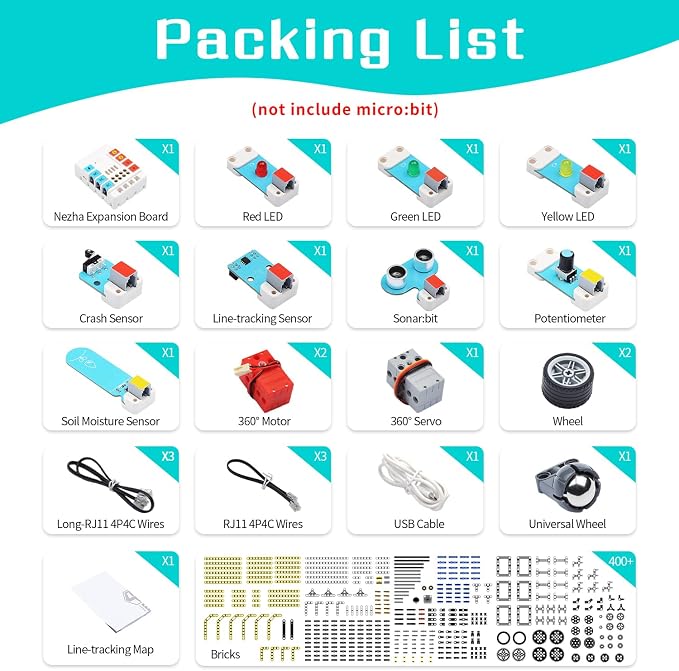 ELECFREAKS microbit Nezha Inventor Kit Planet X Starter Sensors with 40+ Learning Projects and 400+ Bricks, Micro:bit NeZha Expansion Board with 900mAh Lithium Battery(Without Micro:bit)