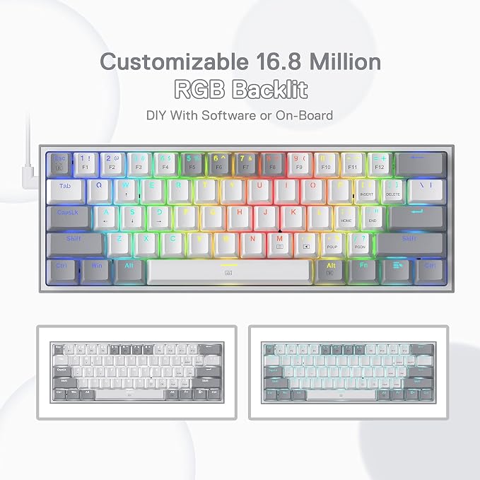 Redragon K617 Fizz 60% Wired RGB Gaming Keyboard, 61 Keys Hot-Swap Compact Mechanical Keyboard w/White and Grey Color Keycaps, Linear Red Switch, Pro Driver/Software Supported