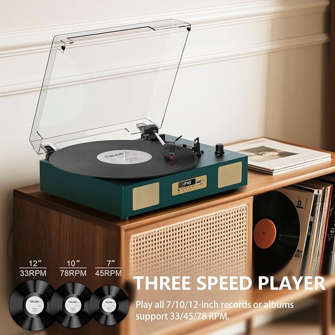 Vinyl Record Player with Enhanced Speakers, Wireless Bluetooth Playback, USB/SD Recording, 3-Speed Belt Drive Turntable, Vintage LP Player Support RCA Output AUX Input EQ,Dark Green