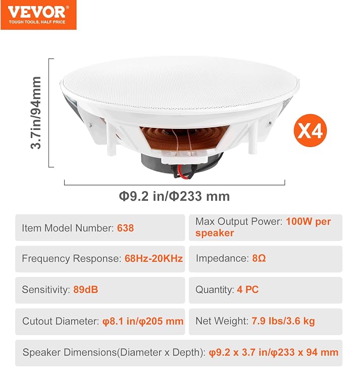 VEVOR 4 PCs 8 Inch in Ceiling Speakers, 400W Flush Mount Ceiling & in-Wall Speakers System with 8" Woofer,1" Tweeter, for Home Kitchen Living Room Bedroom or Covered Outdoor Porches