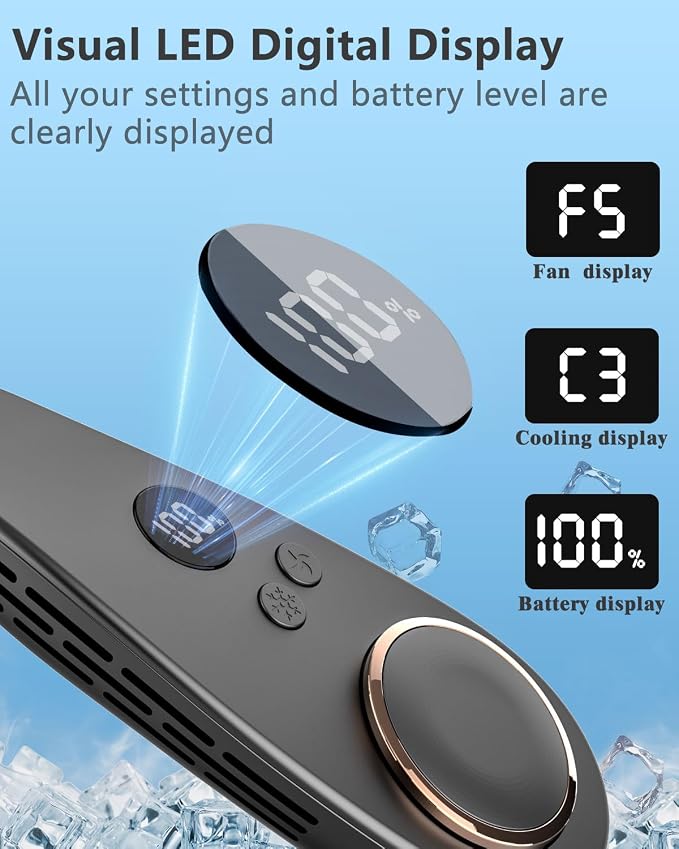 Neck Fans that Blows Cold Air with Cooling Plate, USB-C Rechargeable 5500mAh 3-15H long life, Portable Quiet AC with LED Display, Bladeless Personal Neck Cooler for Kids Adults Outdoor Travel, Black