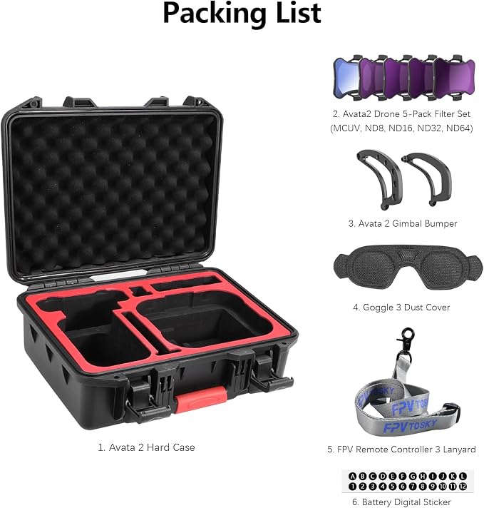 FPVtosky 6-IN-1 Avata 2 Accessories Kit, Avata 2 Hard Case, Gimbal Bumper, 5pack ND Filter Set, Goggle 3 Dust Cover, Neck Lanyard, Battery Digital Sticker for DJI Avata2 Drone Combo Accessories