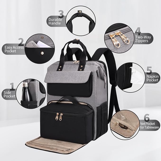 BERTASCHE Lunch Backpack for Women, 15.6 Inch Laptop Backpack with Insulated Cooler Lunch box, Nurse Backpack for Teacher Work Travel College Picnic,Black-Grey