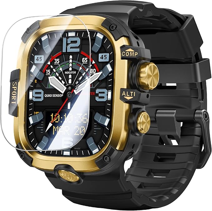 Goton Rugged Case and Band Kit with Screen Protector for Apple Watch 49mm, Compatible with Apple Watch Ultra 3/2/1, Full Body Shockproof Metal+PC Bumper Cover with Soft Band, 49mm Gold