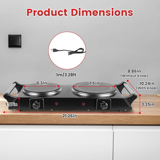 Electric Burner, Electric Hot Plate for Cooking Portable Cooking Stove, Countertop Burner Cooktop for Kitchen, Dorm, Temperature Control, Easy to Clean, Black