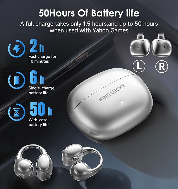 King Lucky Next-gen Clip on Earbuds Open Ear Wireless Bluetooth 6.0 Headphones with Mic,50H Play,ENC,IPX5 Waterproof,Sports Ear Buds,Comfortable for Small Ears&Fitness,Run (Silver, Standard)
