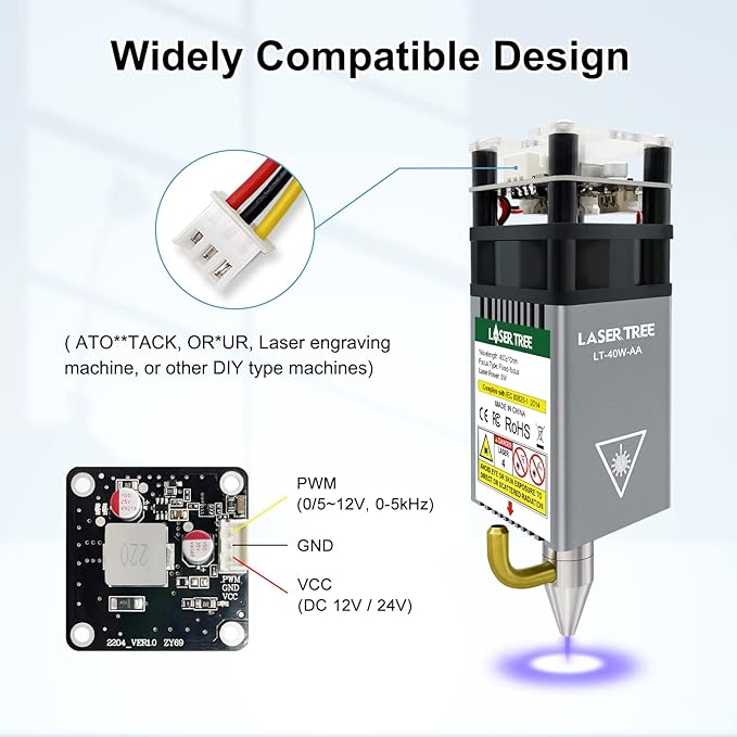 LASER TREE Laser Engraver Module, 5000mW（5W） Optical Output Power Laser Cutter Module w/Metal Air Assist, Compatible with Laser Engraver Laser Cutter Machines CNC, 45mm Fixed Focus 12V, Class 4