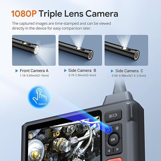 Triple Lens Endoscope Camera with Light, DEPSTECH 5" IPS Screen Endoscope Camera, 1080P Sewer Camera & Split Screen, 180° Rotation, IP67 Snake Cable, 8 Lights, Gadget for Automotive Mechanical Repair