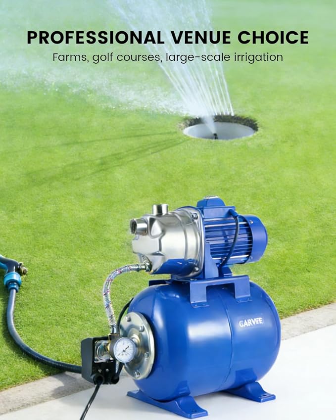 Powerful 1.6HP Shallow Well Pump with Pressure Tank, 1320GPH High Flow, 164ft Max Head, Stainless Steel Construction, Auto Pressure Switch - Ideal for Home/Farm/Garden/Yard Water Supply (Blue)