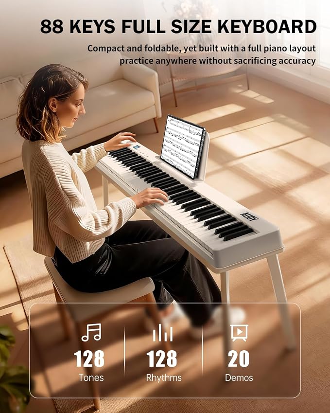AiJoy 88-Key Portable Piano Keyboard with Semi-Weighted Keys Folding Piano, Built-in Speakers/MIDI, Long Battery Life Electric Keyboard Piano for Beginners