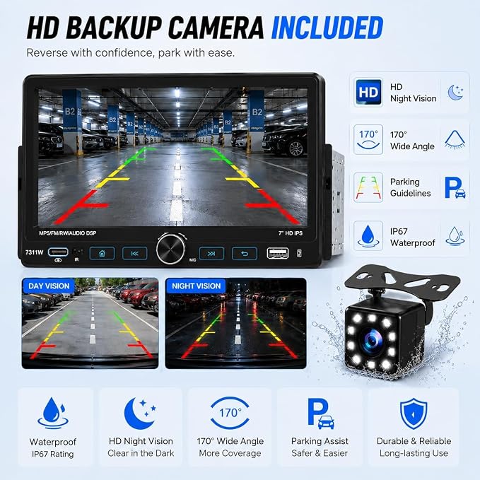 7" Single Din Car Stereo with Wireless Apple CarPlay,IPS Touchscreen,Bluetooth 5.2 Car Radio with Backup Camera,FM/AM/RDS,Android Auto,SWC,GPS Navigation,USB,Type-C Fast Charging,MIC
