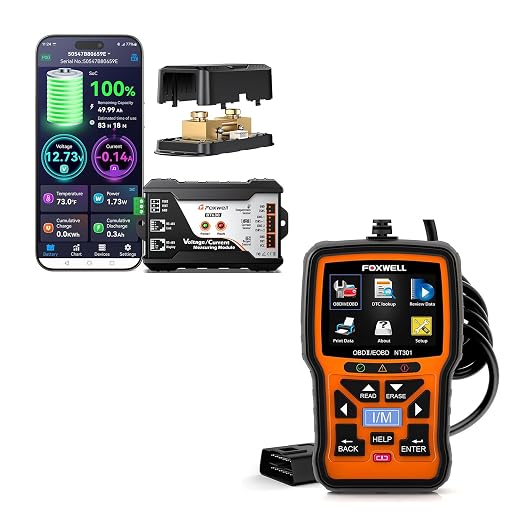 FOXWELL NT301 OBD2 Scanner Live Data Professional Mechanic OBDII Diagnostic Code Reader Tool for Check Engine Light & FOXWELL BT630 600A Smart Battery Monitor with Shunt