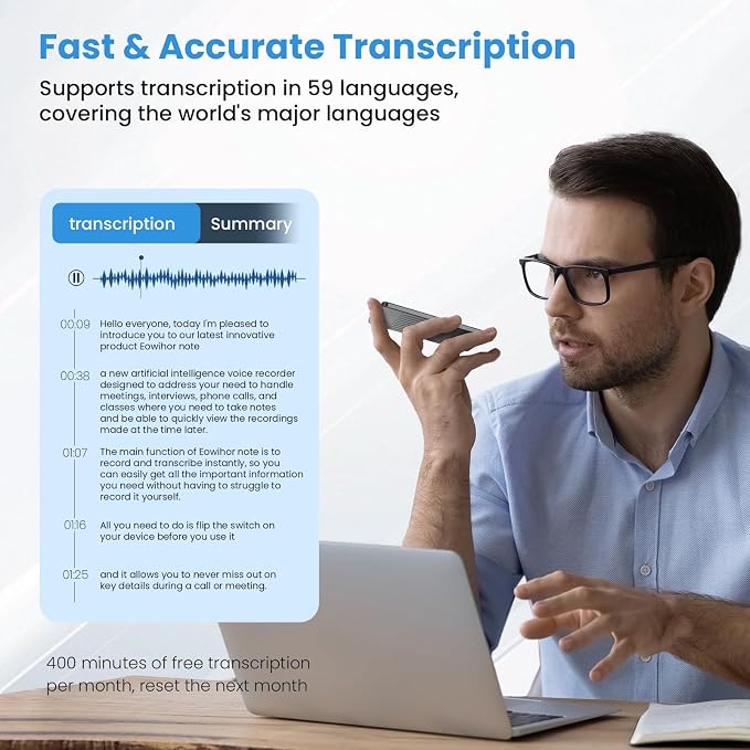 AI Voice Recorder, Transcribe & Summary with AI Technology, Real-Time Translation Voice Recorder Supported 59 Languages, 64GB Memory, Audio Recorder for Lectures, Meetings, Calls