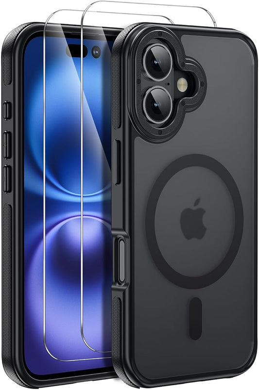 Strong Magnetic Case for iPhone 16 [2 Tempered-Glass Screen Protectors] Compatible with MagSafe Shockproof Slim Thin Cover 6.1 inch 16 Phone Case,Black Set