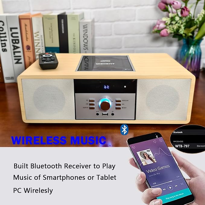 Nostalgic Bluetooth Stereo System for Home, WISCENT Vintage Micro HiFi Systems CD Player,with Bluetooth Audio Streaming,FM Radio,USB Port,Aux-in,Earphone Port (Wood Color)