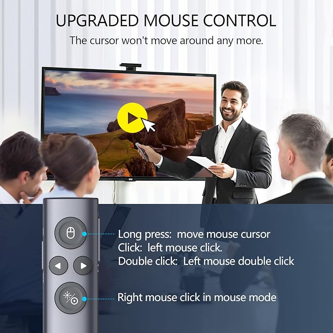 Norwii N95s BLE Presentation Clicker with Digital Pointer for PowerPoint Presentation on TV Screen and Projection Screen, Wireless Presenter Remote with Countdown Timer (Green Light-USB-C)