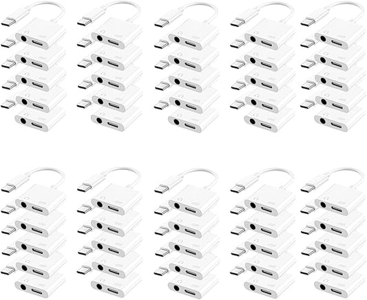 USB C to 3.5mm Headphone and Charger Adapter, Type C to Aux Jack Dongle Cable Cord with PD Fast Charging for iPhone 15/16 Pro/Max/Plus, iPad, Samsung Galaxy S22/S23/S24 Ultra, Note 20(50-Pack)