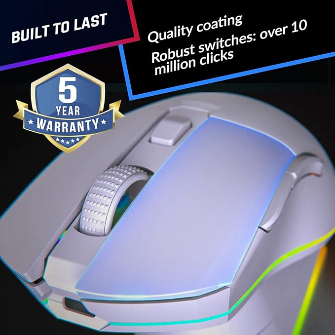 KLIM Blaze Pro Rechargeable Wireless Gaming Mouse with Charging Dock RGB - New Version - High-Precision Sensor and Long-Lasting Battery - Up to 6000 DPI - Great PC Gaming Mouse Wireless - White
