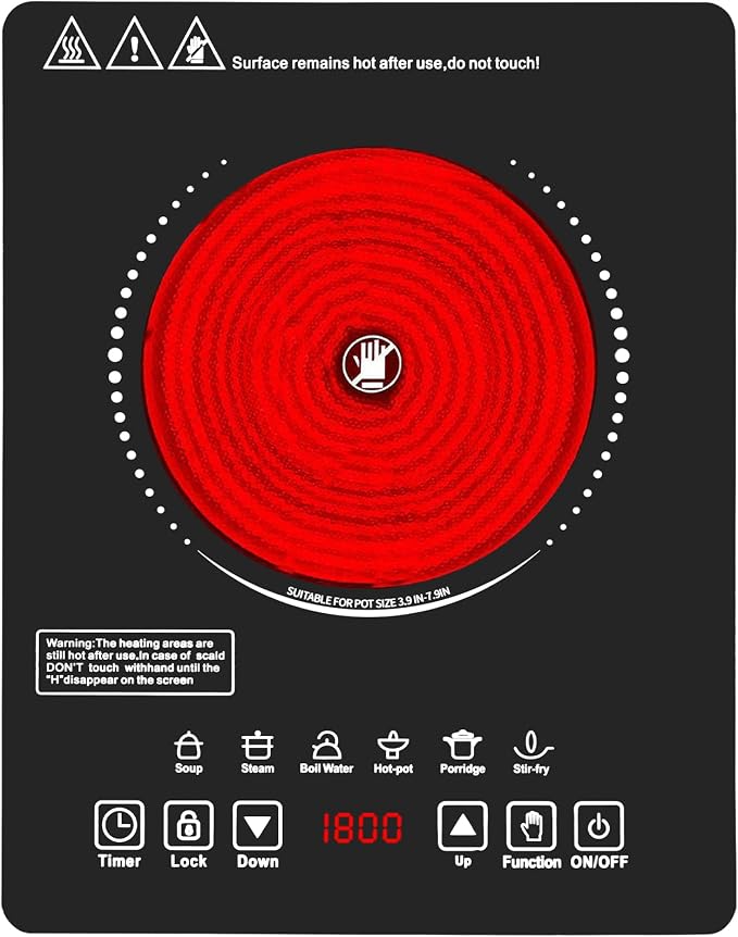 Single Burner Electric Cooktop,110V 1800W Electric Stove Top with LED Touch Control,9 Power Levels, 3 hTimer, Safety Lock,single burner cooktop Overheat protection