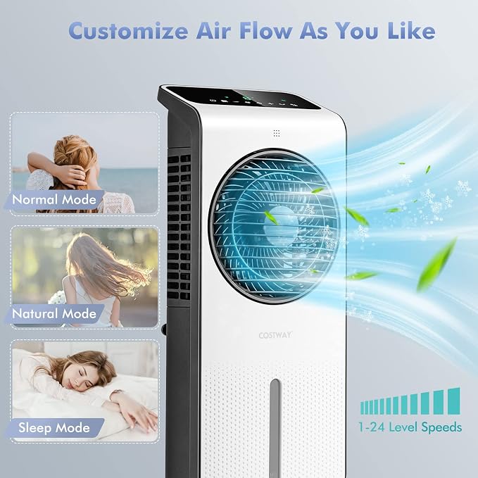 COSTWAY Evaporative Air Cooler, 3-in-1 Portable Swamp Cooler w/Fan & Humidifier, Air Cooling Fan w/ 360° Rotating Fan Blade, 3 Modes, 24 Speeds, 12H Timer, 2 Ice Packs, LED Display, Remote Control